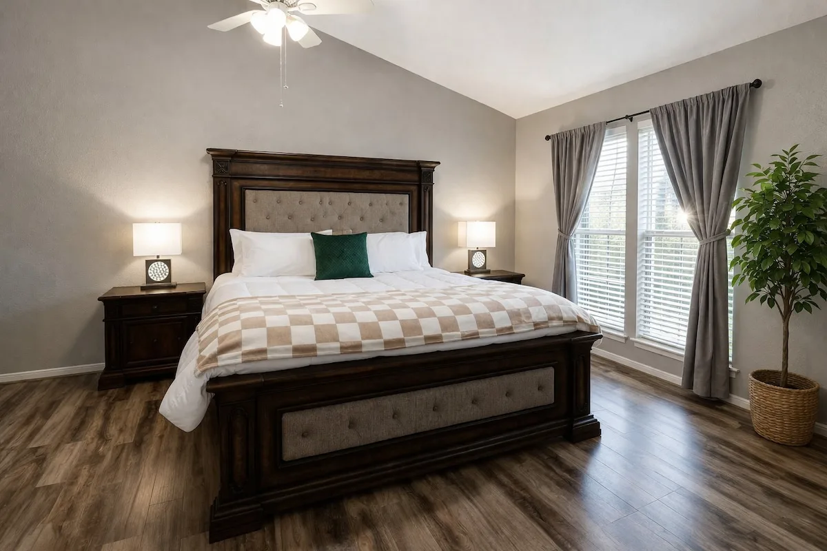 Bright Houston condo living area with comfortable seating and a dining table